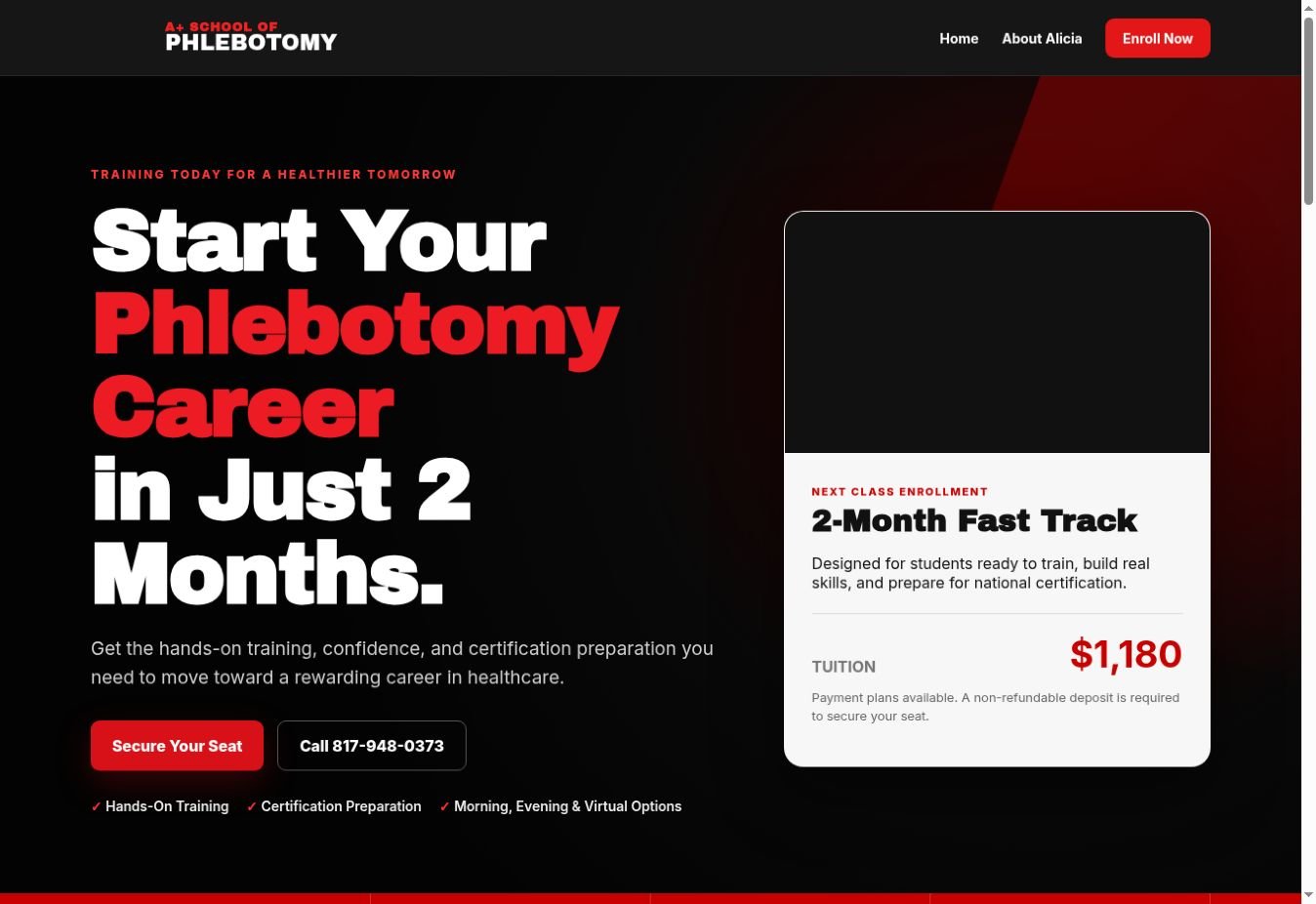 A Plus School of Phlebotomy website homepage